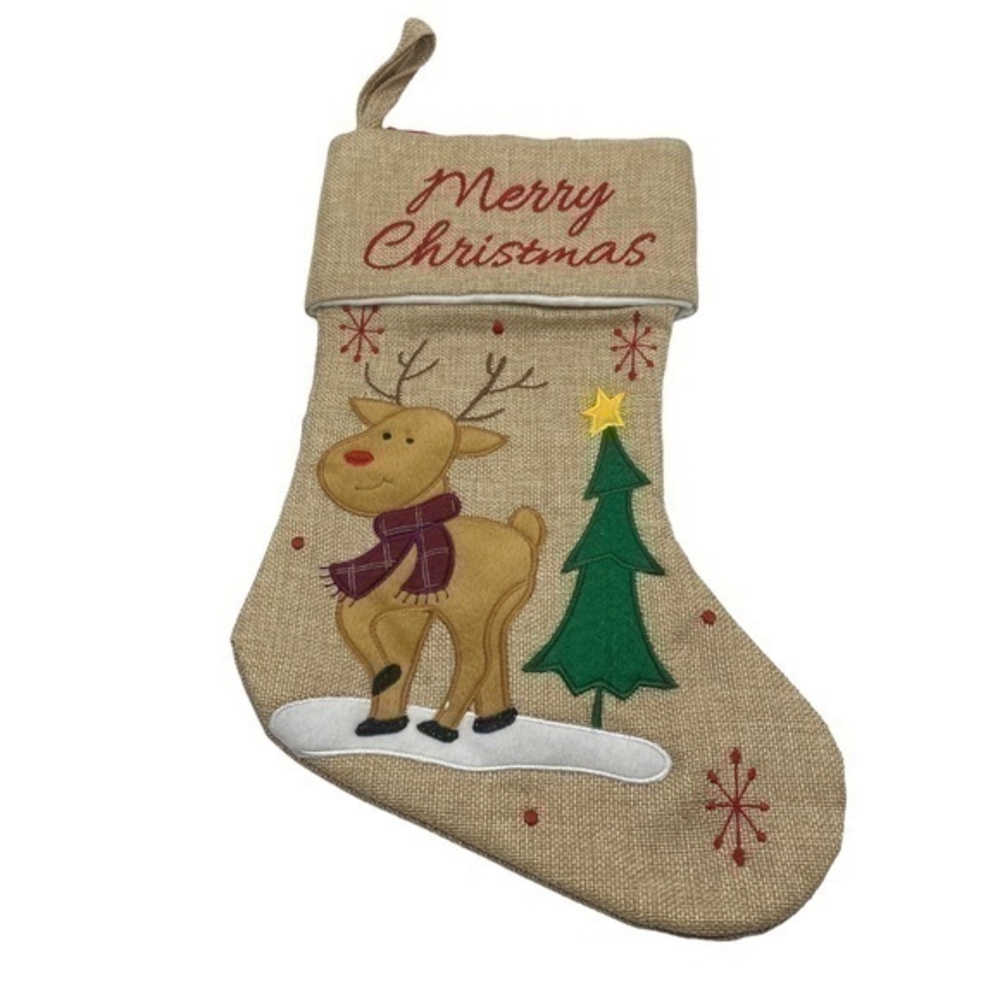 NWOT Merry Christmas Reindeer Christmas Tree Embroidered Burlap Lined Stocking